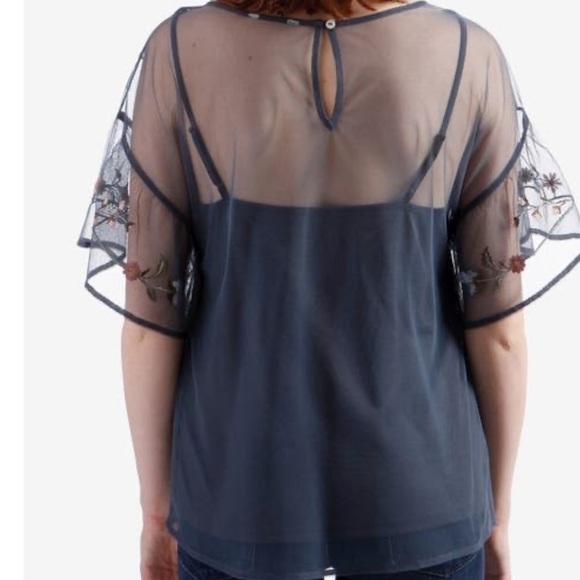 Lucky Brand Gray Mesh Floral Embroidered Top - Picture 2 of 6